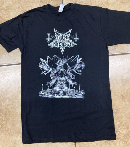Black “Dark Funeral” T-shirt featuring the band’s logo and Baphomet artwork in detailed silkscreen print.