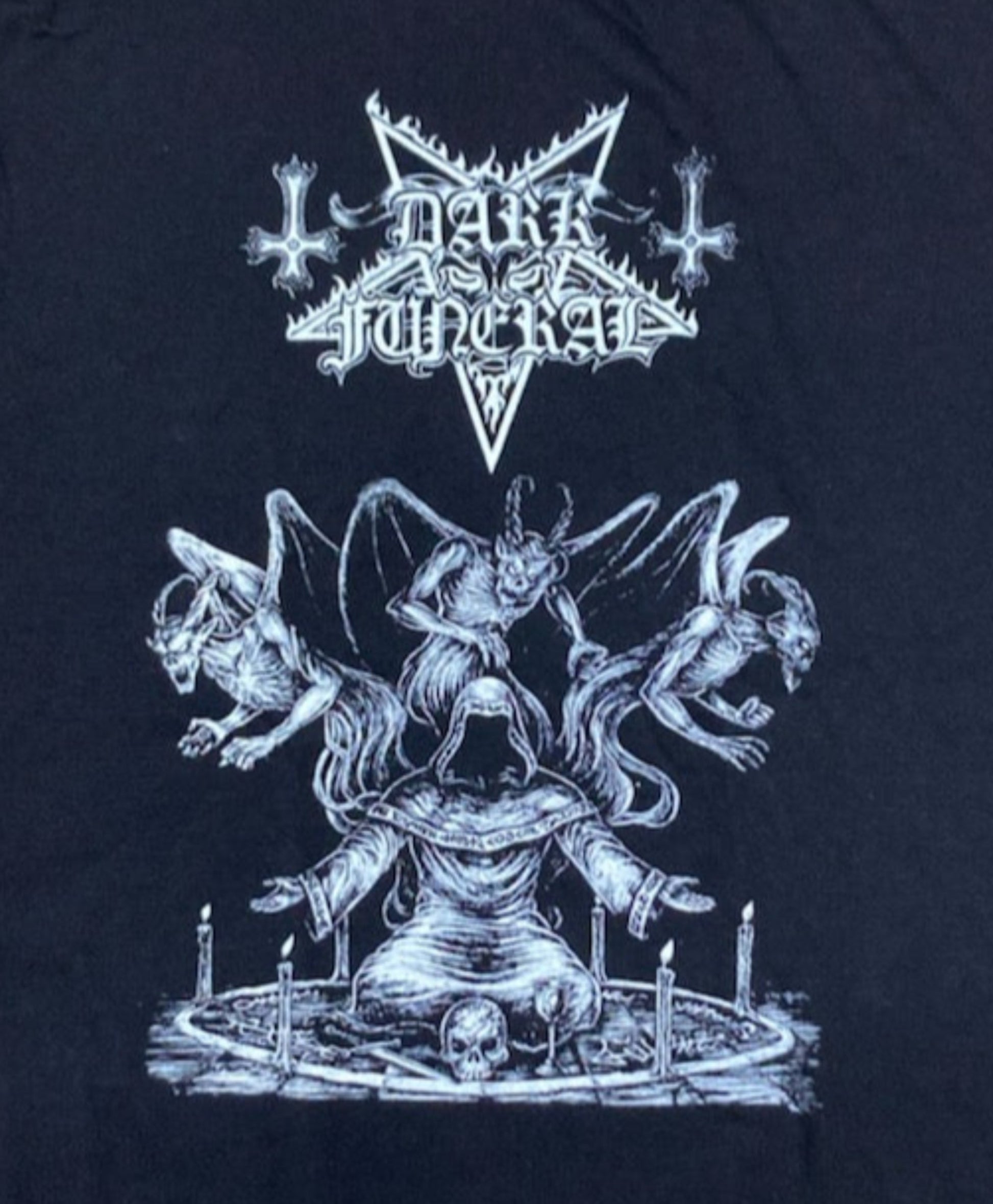 Black “Dark Funeral” T-shirt featuring the band’s logo and Baphomet artwork in detailed silkscreen print.