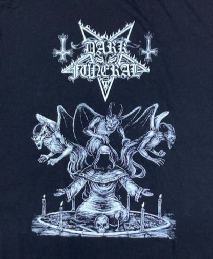 Black “Dark Funeral” T-shirt featuring the band’s logo and Baphomet artwork in detailed silkscreen print.