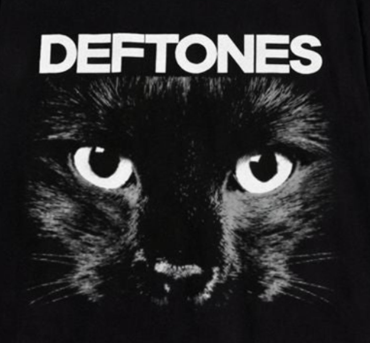 Close-up of Deftones Sphynx Cat Eyes artwork with the bold Deftones name and black-and-white cat graphic—a dark alternative metal design for Deftones fans.