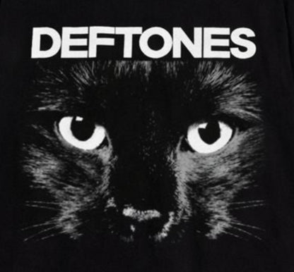 Close-up of Deftones Sphynx Cat Eyes artwork with the bold Deftones name and black-and-white cat graphic—a dark alternative metal design for Deftones fans.