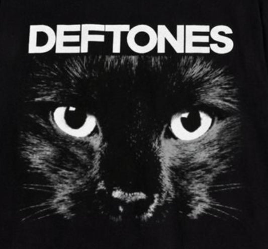 Close-up of Deftones Sphynx Cat Eyes artwork with the bold Deftones name and black-and-white cat graphic—a dark alternative metal design for Deftones fans.