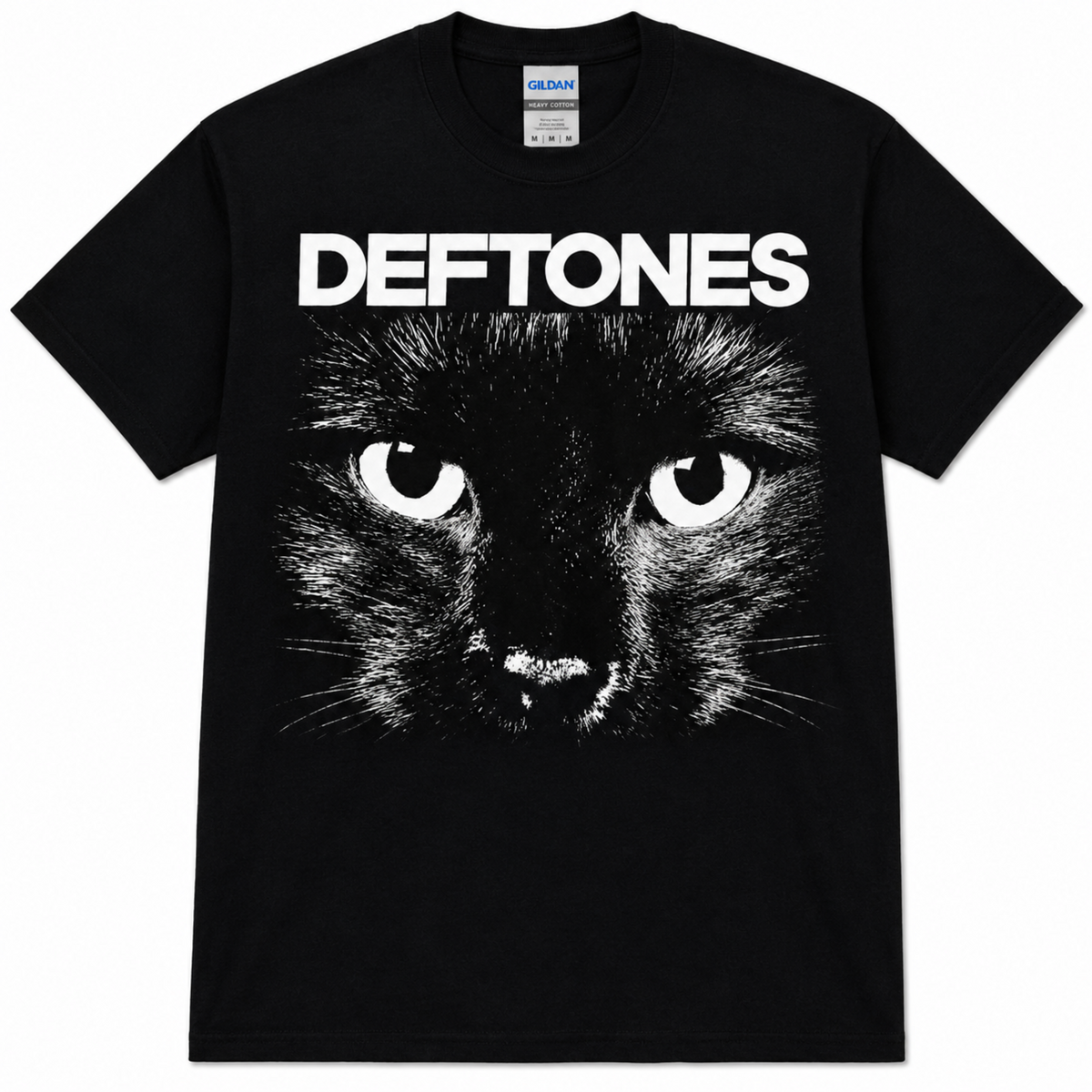 Deftones Sphynx Cat Eyes black graphic T-shirt featuring oversized black-and-white cat eyes beneath the Deftones logo—a standout alternative metal tee for fans.