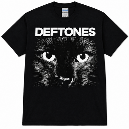 Deftones Sphynx Cat Eyes black graphic T-shirt featuring oversized black-and-white cat eyes beneath the Deftones logo—a standout alternative metal tee for fans.