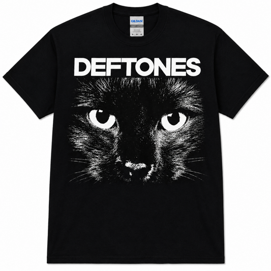 Deftones Sphynx Cat Eyes black graphic T-shirt featuring oversized black-and-white cat eyes beneath the Deftones logo—a standout alternative metal tee for fans.
