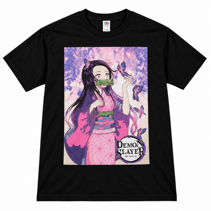 Black Demon Slayer Nezuko Kamado graphic T-shirt featuring Nezuko with her bamboo muzzle, butterflies, and colorful pink and purple watercolor artwork.