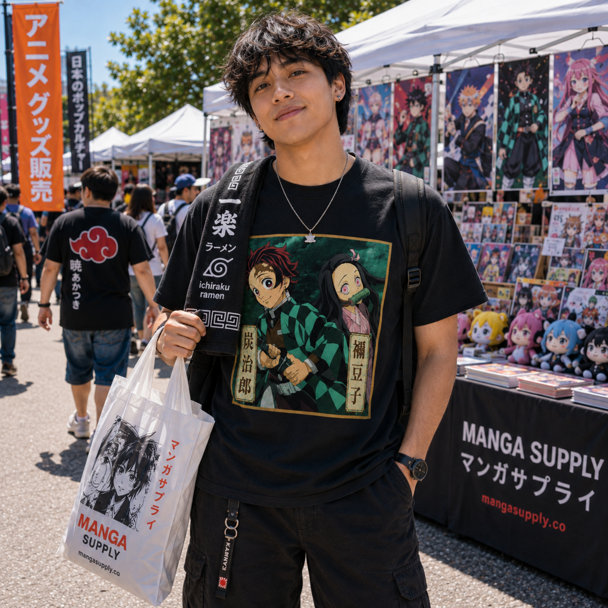 Demon Slayer Tanjiro and Nezuko Kamado black graphic T-shirt worn while shopping at an outdoor anime market—a standout tee for anime and Demon Slayer fans.