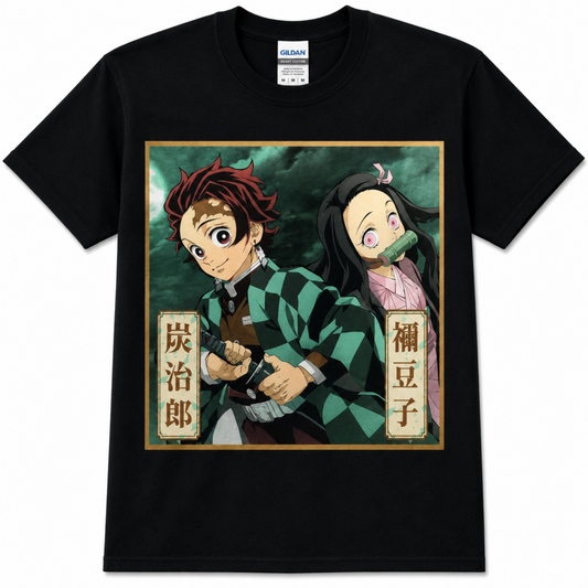 Demon Slayer Tanjiro and Nezuko Kamado black graphic T-shirt featuring the brother-and-sister characters with Japanese lettering—a standout anime tee for Demon Slayer fans.