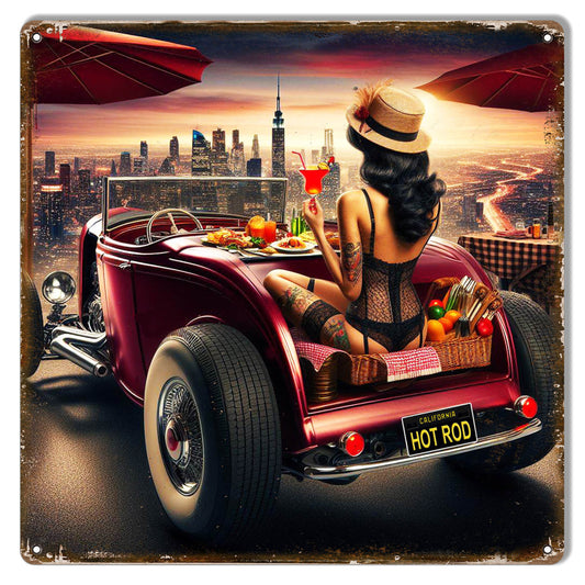 Retro hot rod parked overlooking a glowing city skyline with a classic picnic setup and vintage atmosphere.
