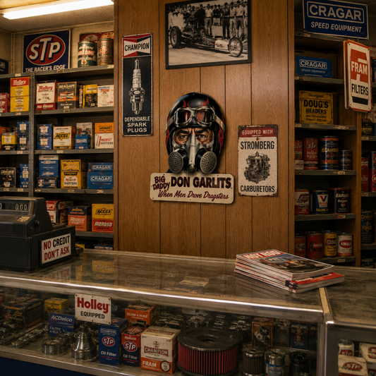 Don “Big Daddy” Garlits When Men Drove Dragsters steel sign displayed in a drag racing collector room with racing memorabilia.