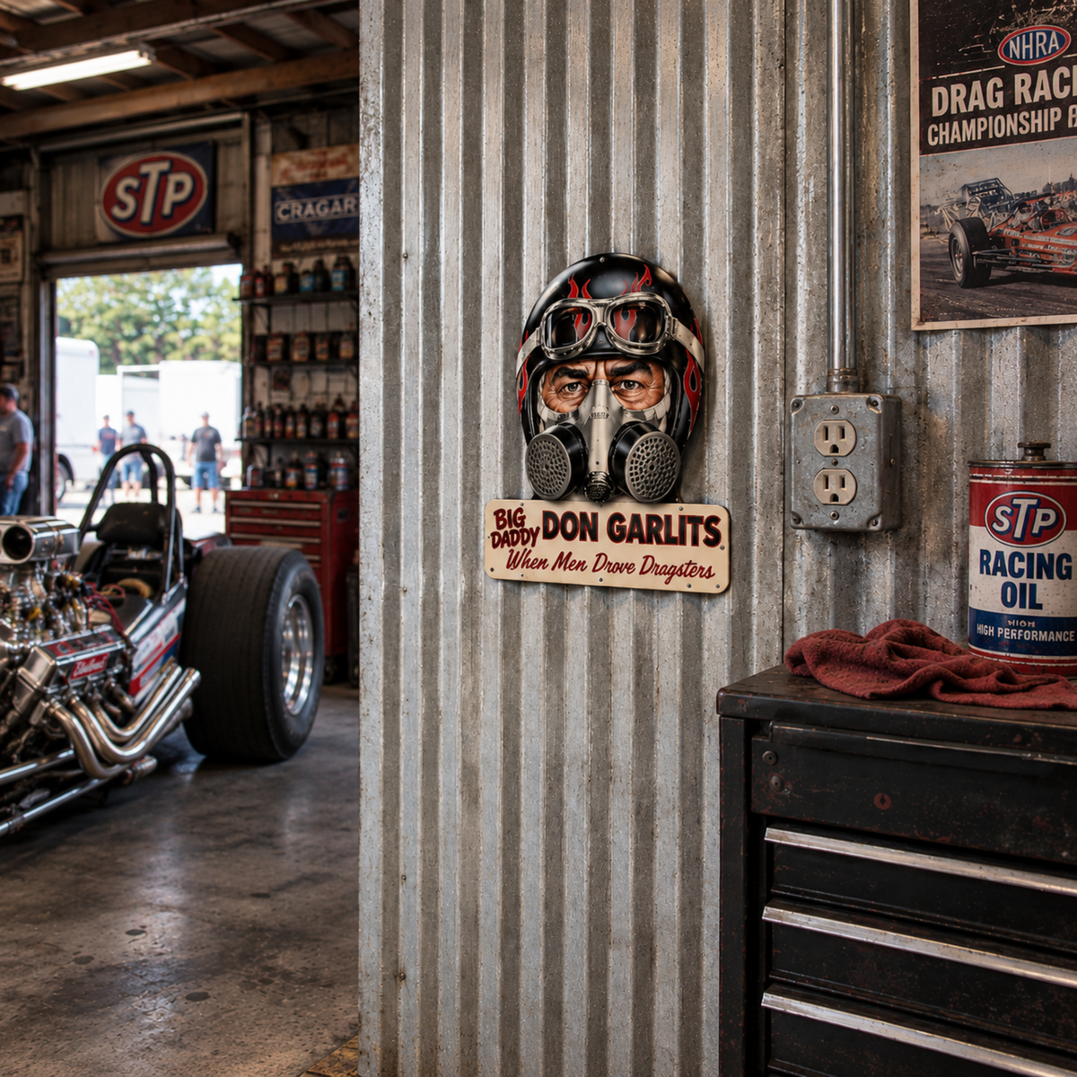 Don “Big Daddy” Garlits When Men Drove Dragsters metal sign displayed on a corrugated metal wall with vintage drag racing décor.