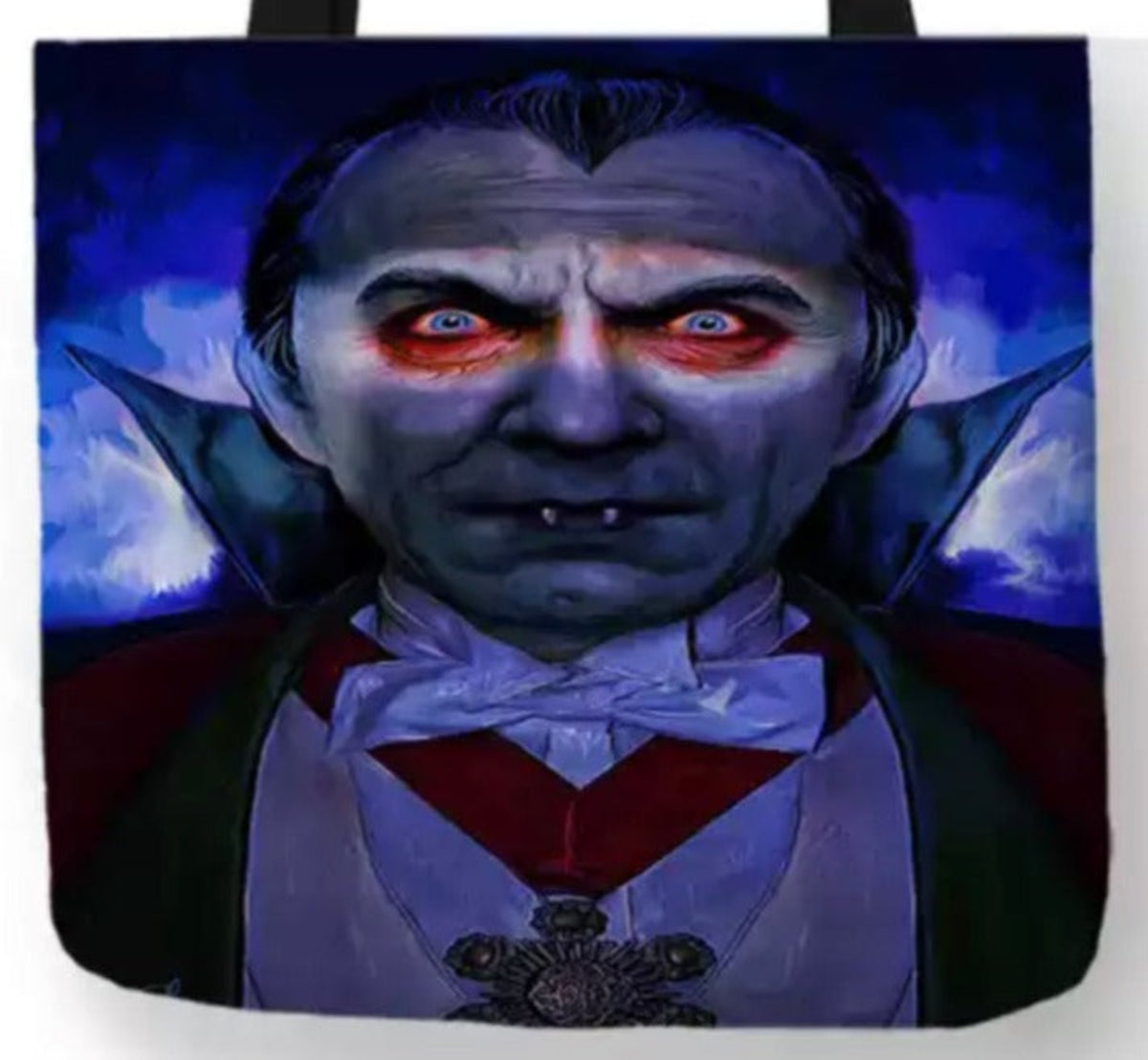 Close-up of Dracula vampire artwork showing piercing red eyes, pale blue skin, slicked-back dark hair, a red bow tie, and a deep blue and purple background.