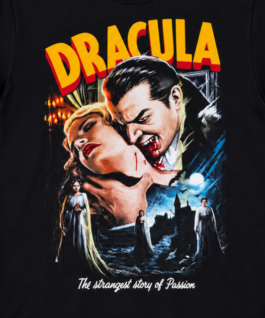 Close-up of Dracula graphic T-shirt artwork featuring Bela Lugosi as Count Dracula, Mina Harker, three vampire brides, bats and a moonlit gothic castle.