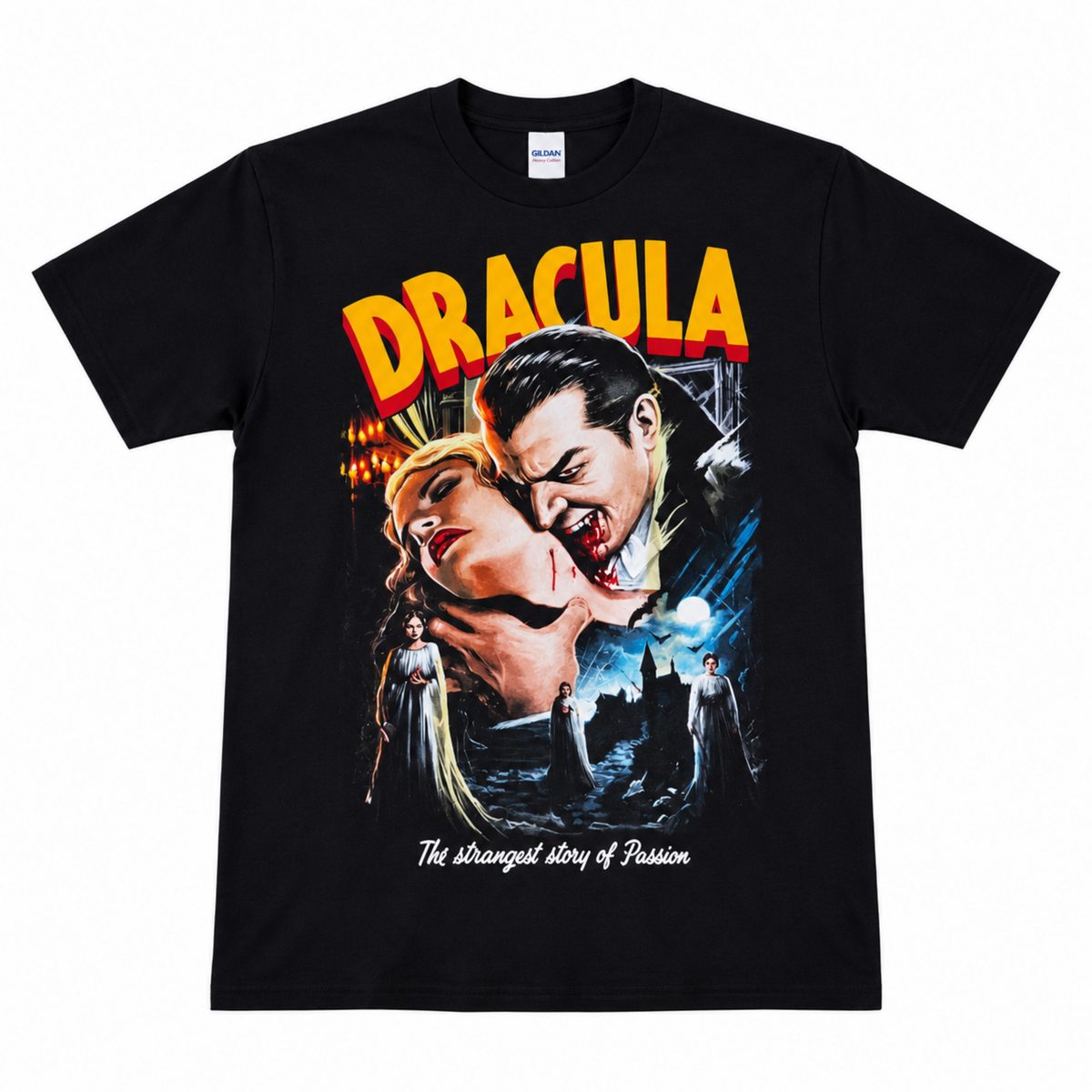 Dracula black graphic T-shirt featuring Bela Lugosi biting Mina Harker with Dracula’s brides, gothic castle and The Strangest Story of Passion artwork.
