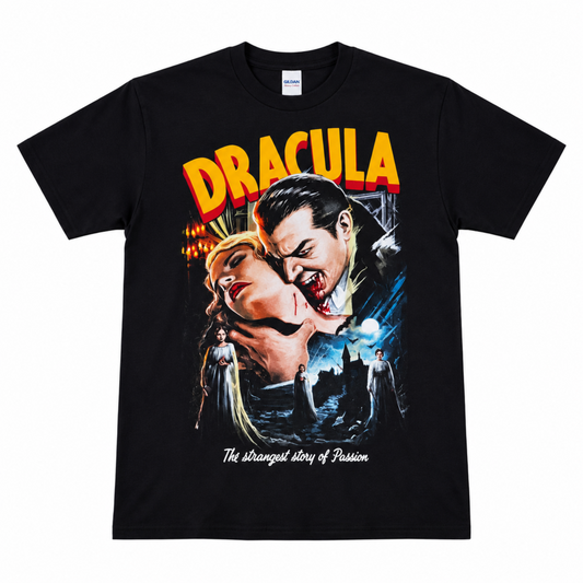 Dracula black graphic T-shirt featuring Bela Lugosi biting Mina Harker with Dracula’s brides, gothic castle and The Strangest Story of Passion artwork.