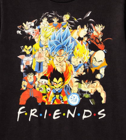 Close-up of the Dragon Ball Friends black T-shirt featuring Super Saiyan Blue Goku, Vegeta and the colorful Z-Fighters collage—a standout design for Dragon Ball fans.