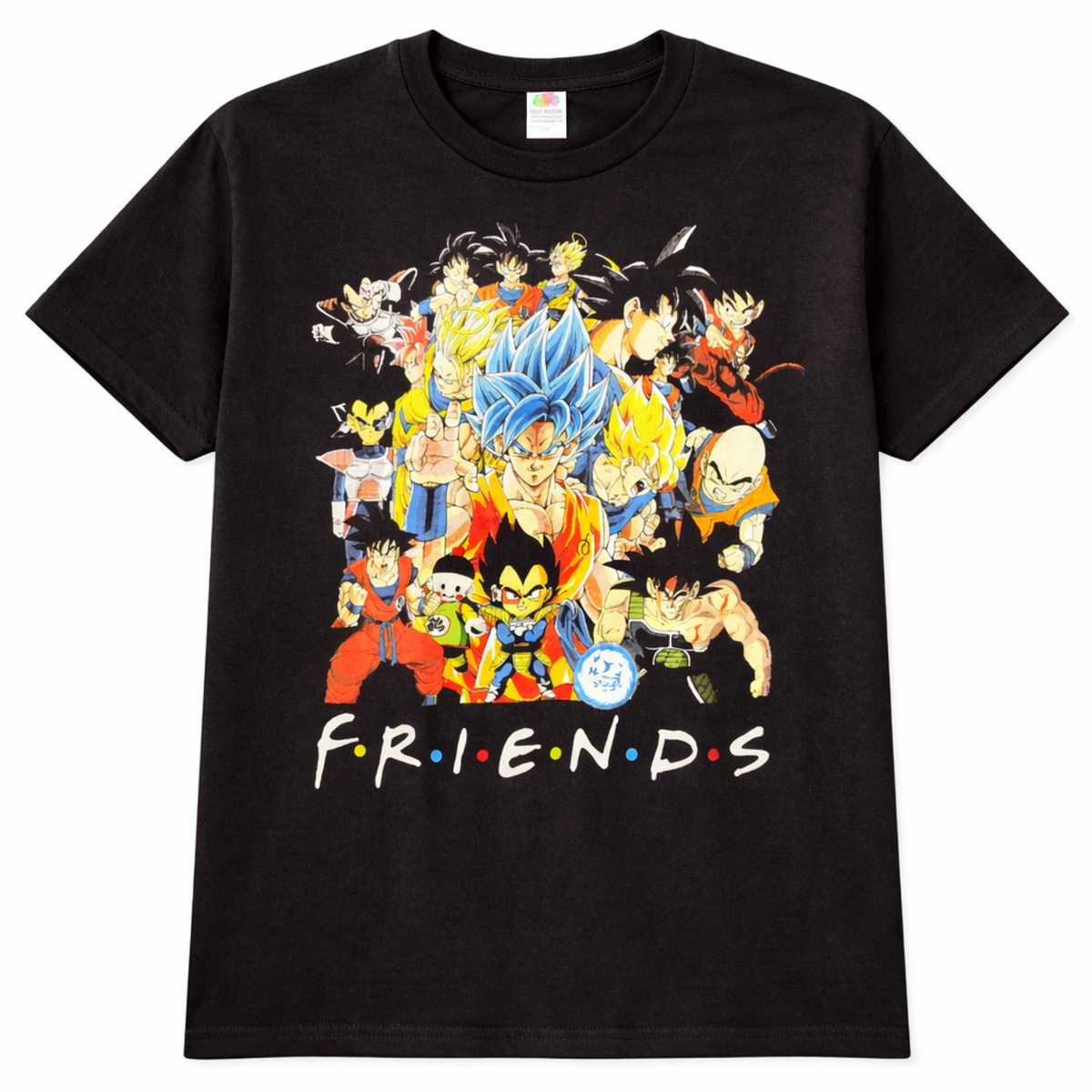 Dragon Ball Friends black T-shirt featuring Goku, Vegeta and a colorful Z-Fighters collage above FRIENDS lettering—a fun pick for anime fans.