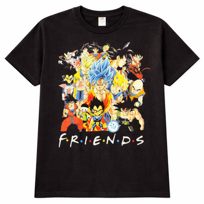 Dragon Ball Friends black T-shirt featuring Goku, Vegeta and a colorful Z-Fighters collage above FRIENDS lettering—a fun pick for anime fans.