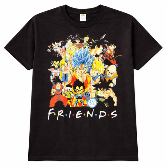 Dragon Ball Friends black T-shirt featuring Goku, Vegeta and a colorful Z-Fighters collage above FRIENDS lettering—a fun pick for anime fans.