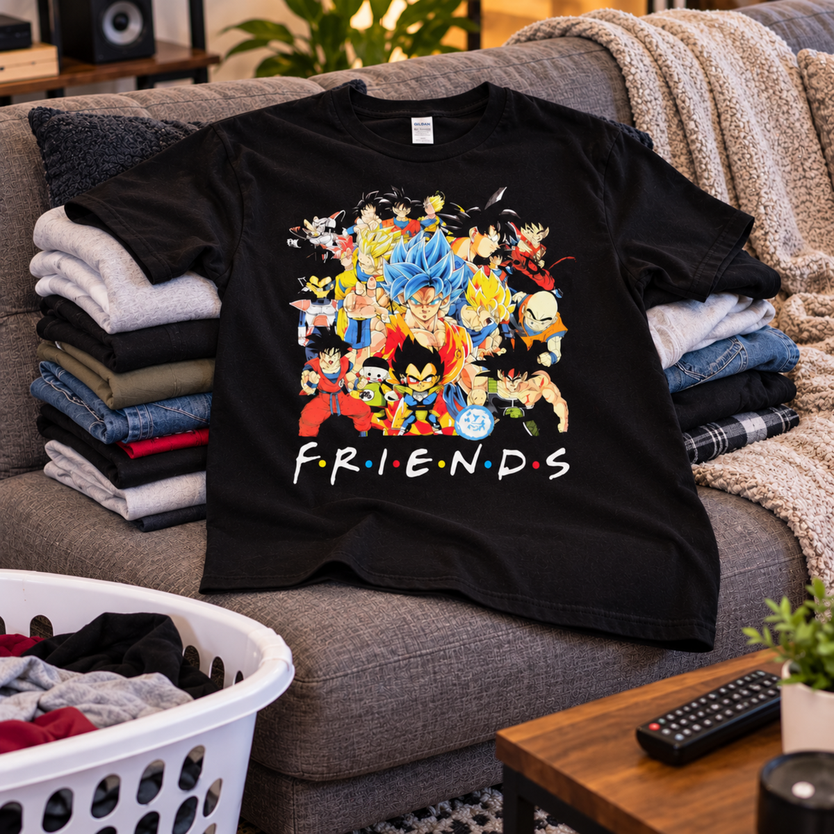 Dragon Ball Friends black T-shirt displayed with folded laundry, featuring the colorful Z-Fighters character collage and FRIENDS lettering—a fun pick for anime fans.
