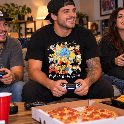 Woman wearing the Dragon Ball Friends black T-shirt while bowling, featuring the colorful Z-Fighters collage and FRIENDS lettering—a standout shirt for Dragon Ball fans.
