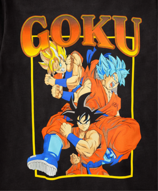 Close-up of the Dragon Ball Z Goku black T-shirt with Goku, Super Saiyan Goku, and Super Saiyan Blue Goku in a bold full-color graphic.