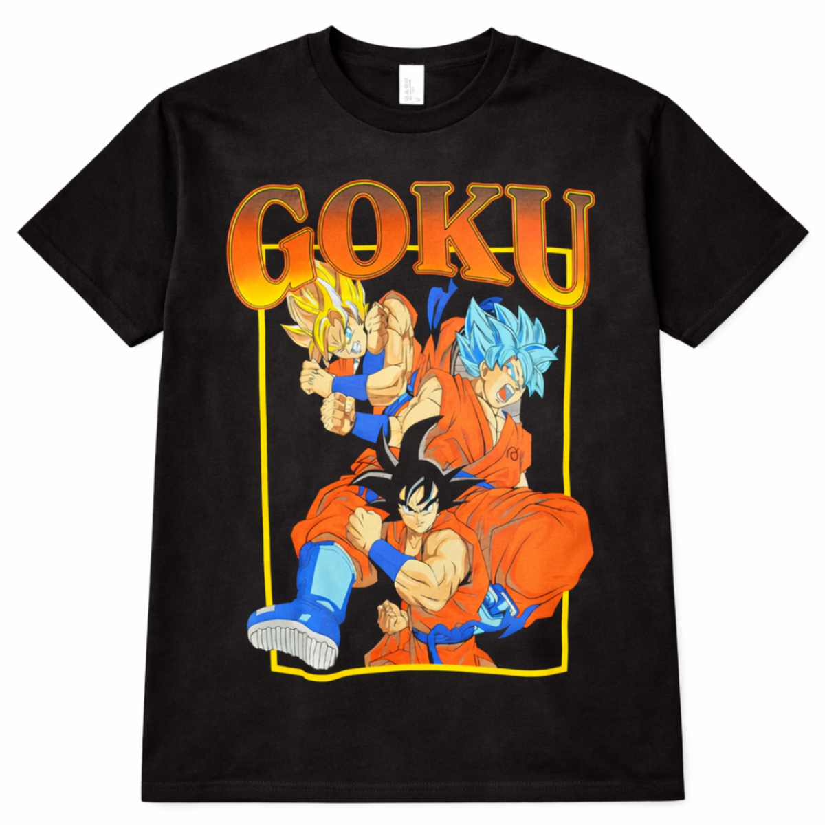 Dragon Ball Z Goku black T-shirt featuring Goku, Super Saiyan Goku, and Super Saiyan Blue Goku beneath bold orange GOKU lettering.