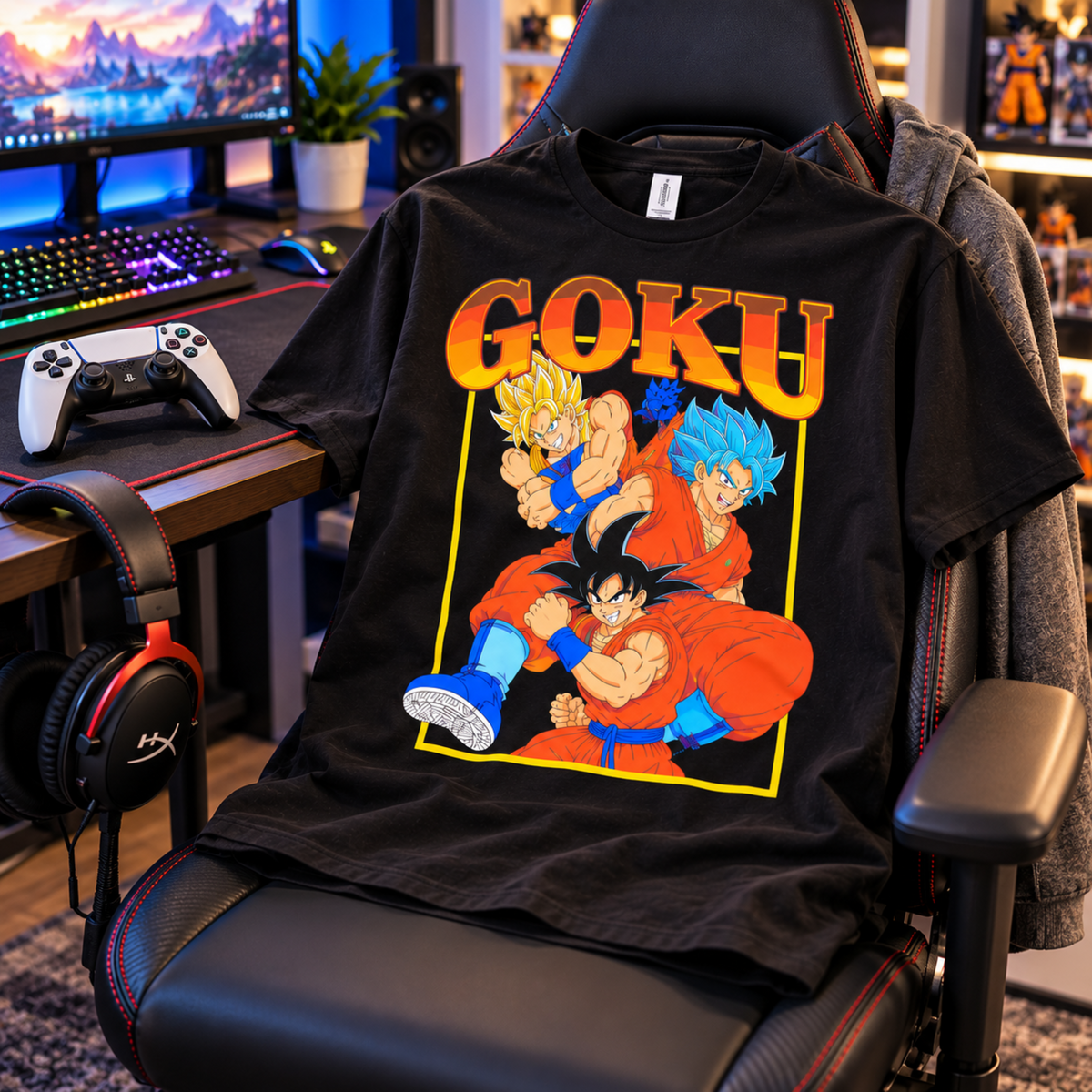 Dragon Ball Z Goku black T-shirt displayed on a gaming chair, featuring Goku, Super Saiyan Goku, and Super Saiyan Blue Goku in full color.