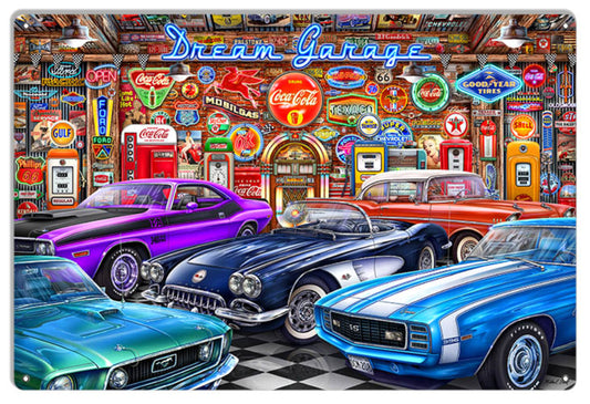 “Dream Garage” metal sign by artist Michael Fishel featuring classic muscle cars and vintage service station signs in a colorful automotive scene.