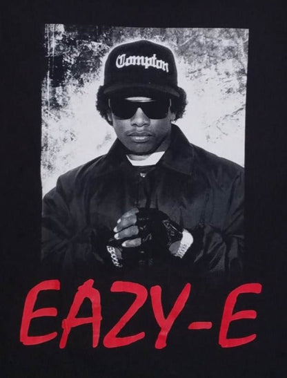 eazy-e with red letters adult silkscreen t-shirt available from small-3xl unisex rap music nwa hip hop music movie apparel adult shirts tops