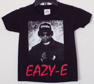 Youth silkscreen T-shirt featuring Eazy-E with bold red letters on the front, displayed on a black shirt. Available in sizes XS-XL youth from JB Accessories05 