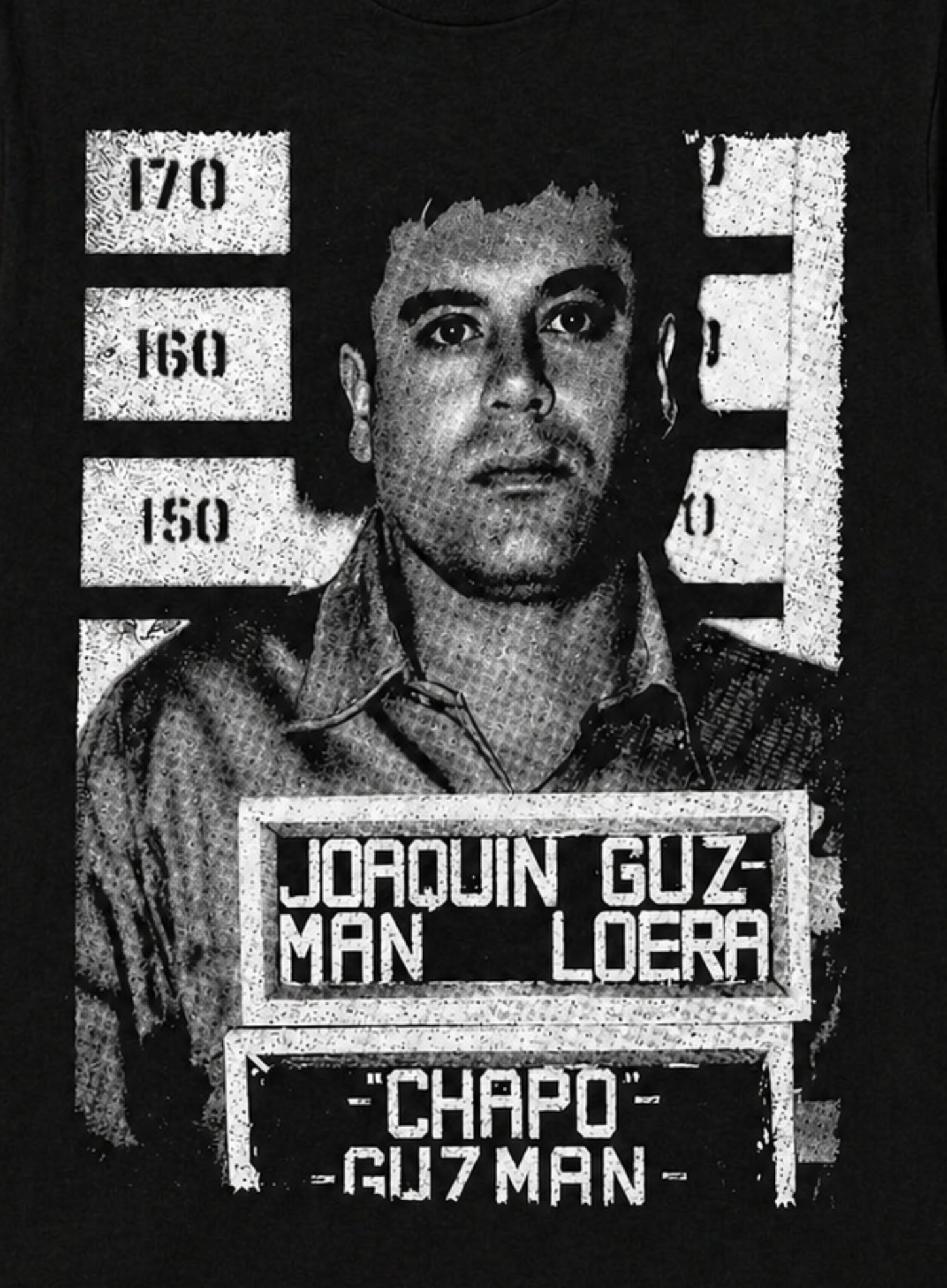 Black adult unisex El Chapo 1993 mugshot graphic T-shirt featuring Joaquín “El Chapo” Guzmán’s historic booking photograph with identification placard and height chart, available in sizes Small through 2X-Large.