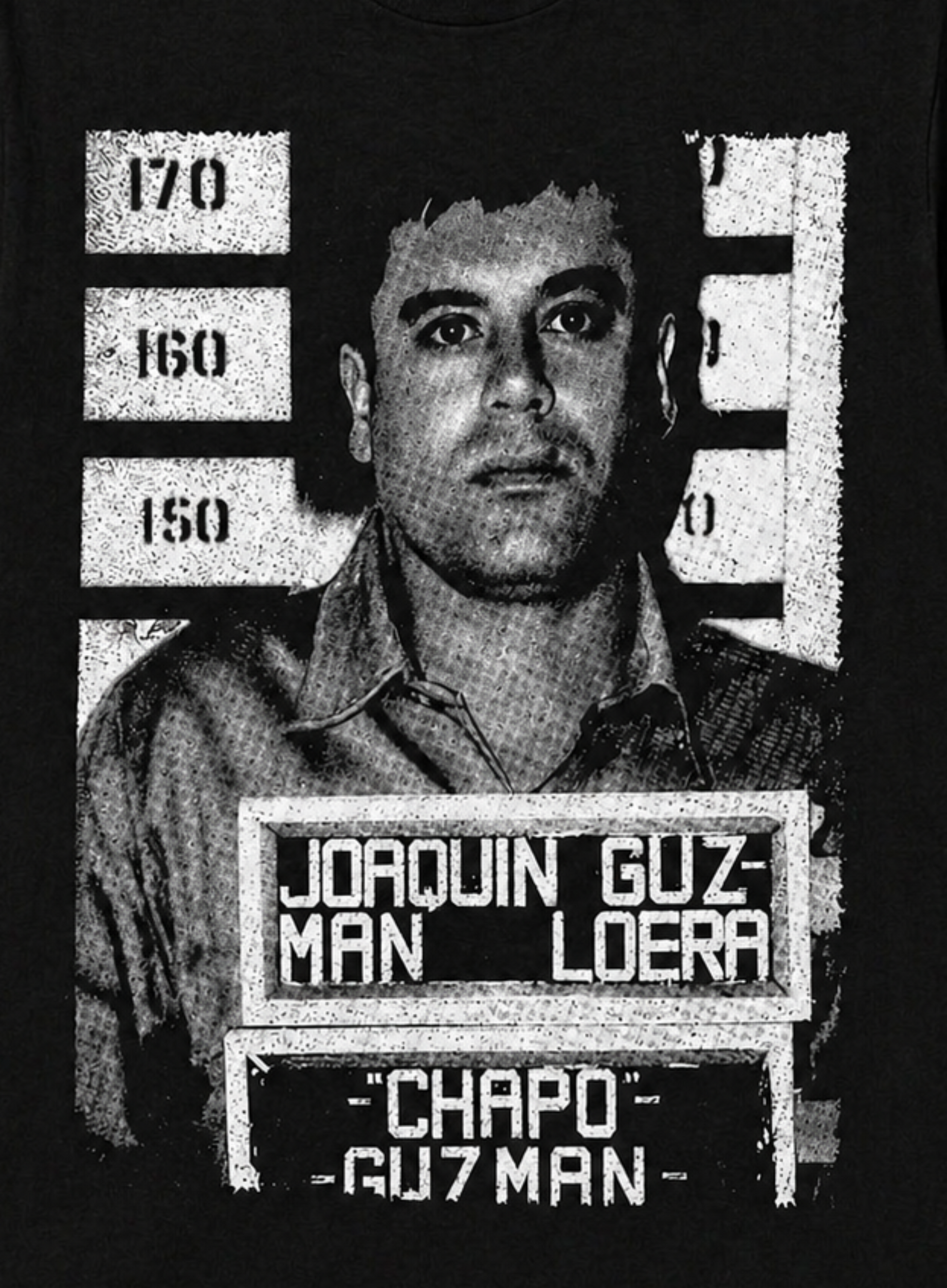 Black adult unisex El Chapo 1993 mugshot graphic T-shirt featuring Joaquín “El Chapo” Guzmán’s historic booking photograph with identification placard and height chart, available in sizes Small through 2X-Large.