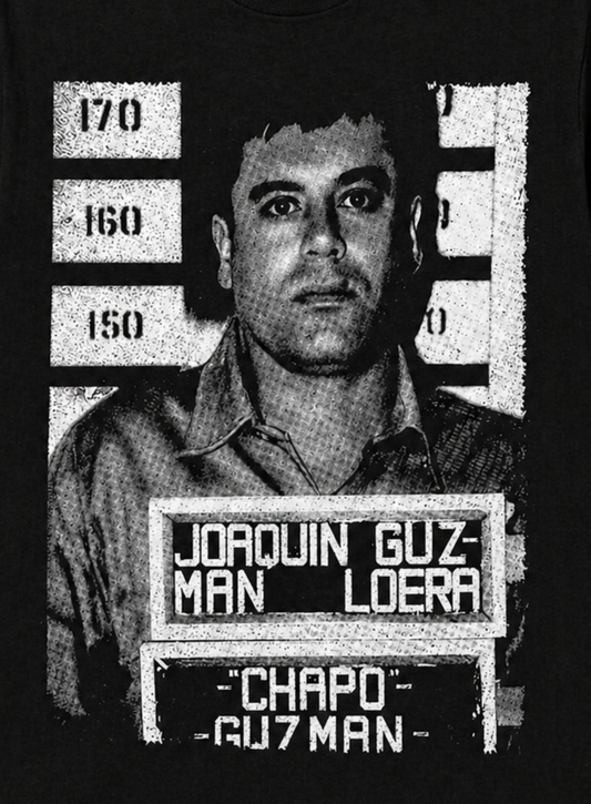Black adult unisex El Chapo 1993 mugshot graphic T-shirt featuring Joaquín “El Chapo” Guzmán’s historic booking photograph with identification placard and height chart, available in sizes Small through 2X-Large.