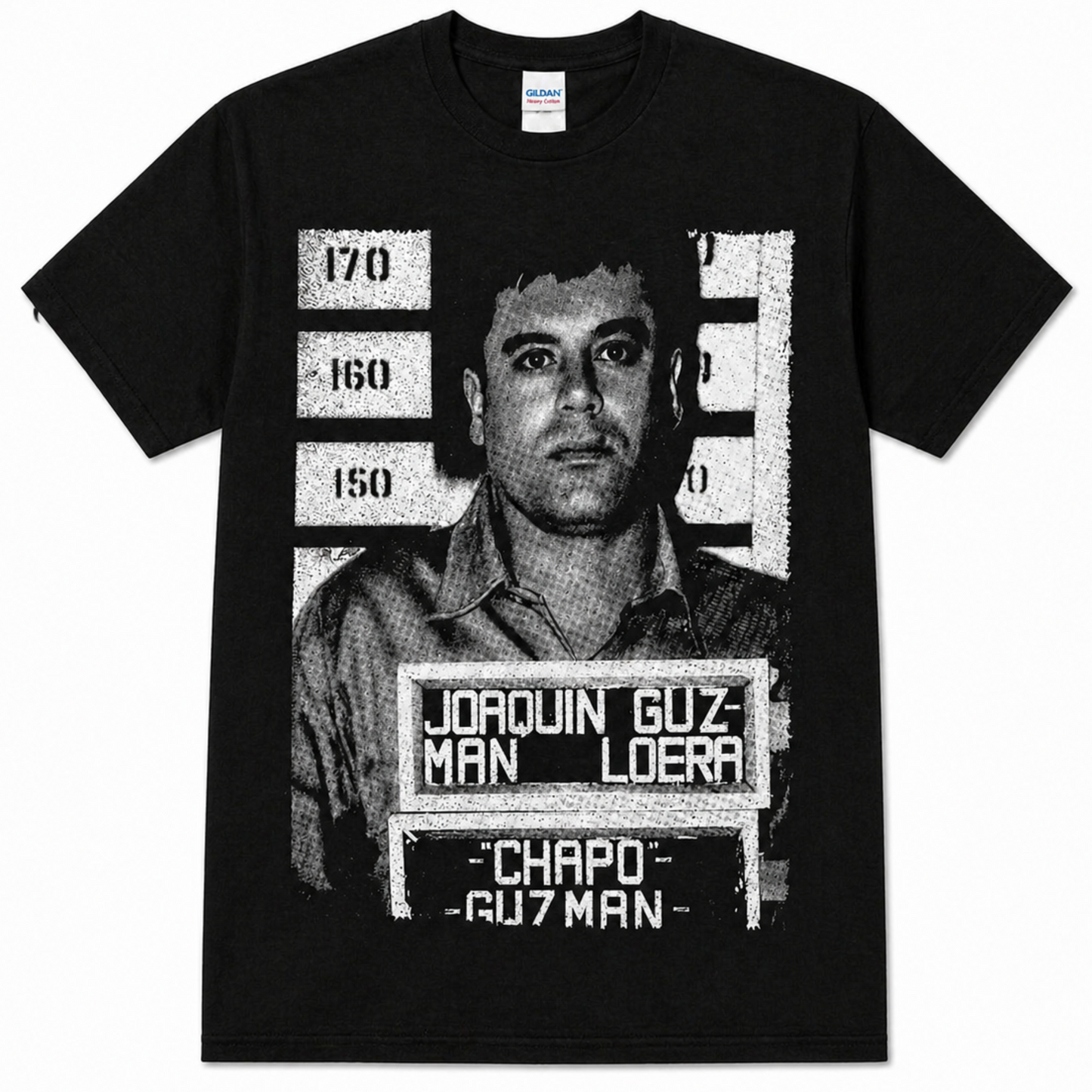 Black adult unisex El Chapo 1993 mugshot graphic T-shirt featuring Joaquín “El Chapo” Guzmán’s historic booking photograph with identification placard and height chart, available in sizes Small through 2X-Large.