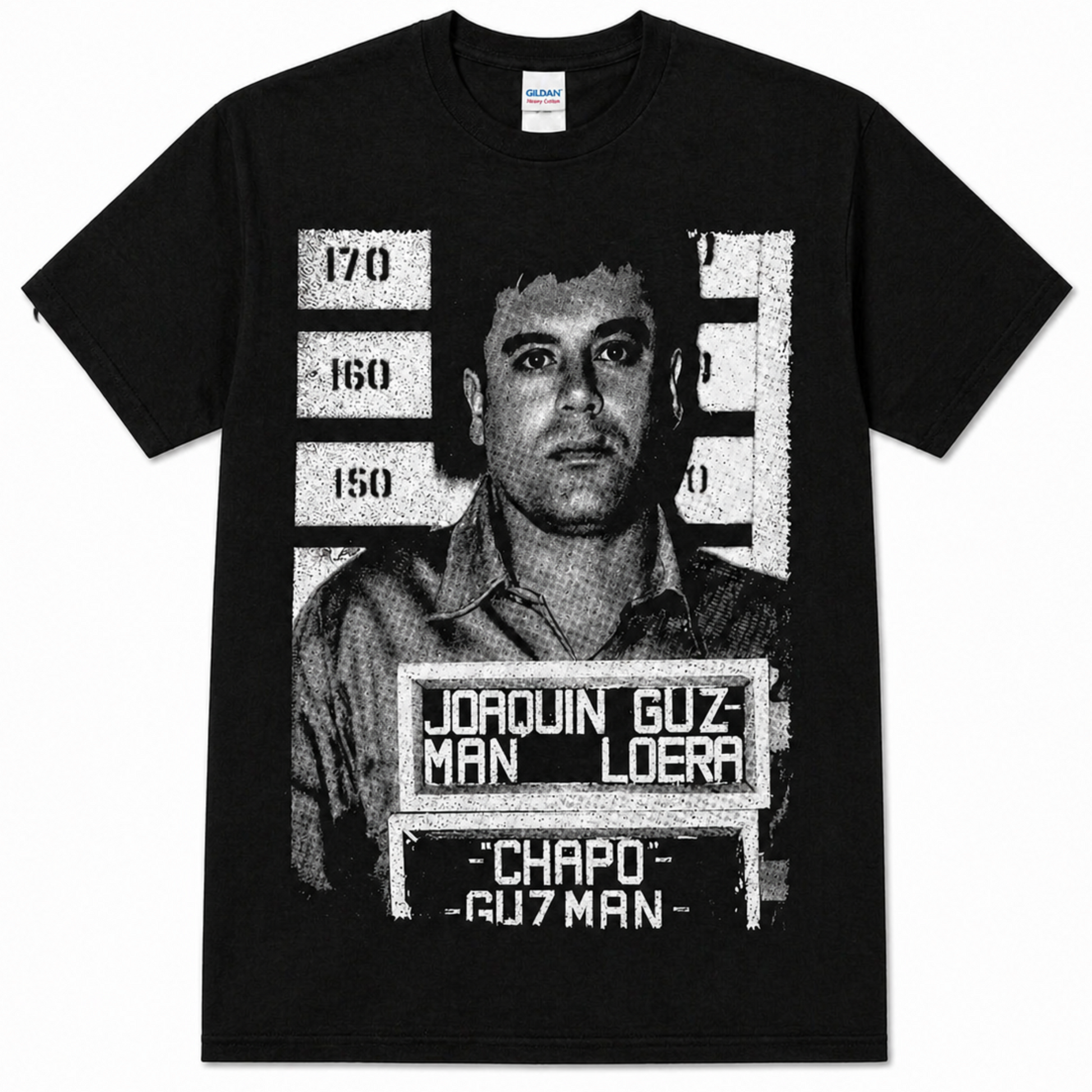 Black adult unisex El Chapo 1993 mugshot graphic T-shirt featuring Joaquín “El Chapo” Guzmán’s historic booking photograph with identification placard and height chart, available in sizes Small through 2X-Large.