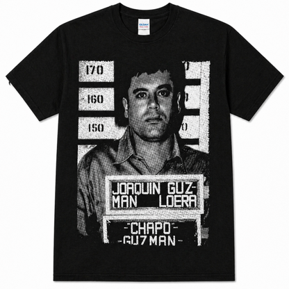 Black adult unisex El Chapo 1993 mugshot graphic T-shirt featuring Joaquín “El Chapo” Guzmán’s historic booking photograph with identification placard and height chart, available in sizes Small through 2X-Large.