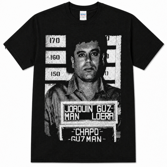 Black adult unisex El Chapo 1993 mugshot graphic T-shirt featuring Joaquín “El Chapo” Guzmán’s historic booking photograph with identification placard and height chart, available in sizes Small through 2X-Large.