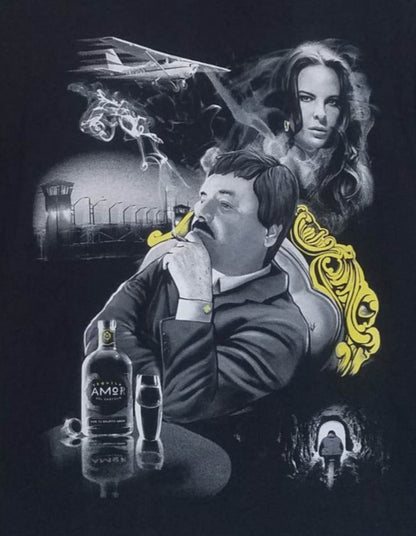 El Chapo narco collage graphic t-shirt black streetwear crime design unisex sizes S-3XL