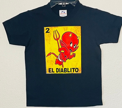 Youth t-shirt featuring the 'El Diablito card from the Mexican Lotería game, showcasing a red devil with a trident. Available in sizes XS-XL youth from JB Accessories05                