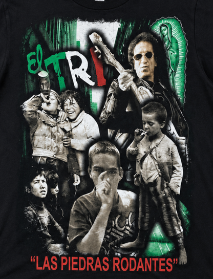 El Tri Las Piedras Rodantes graphic T-shirt with Alex Lora collage and Mexican flag colors on black shirt unisex sizes S–2XL