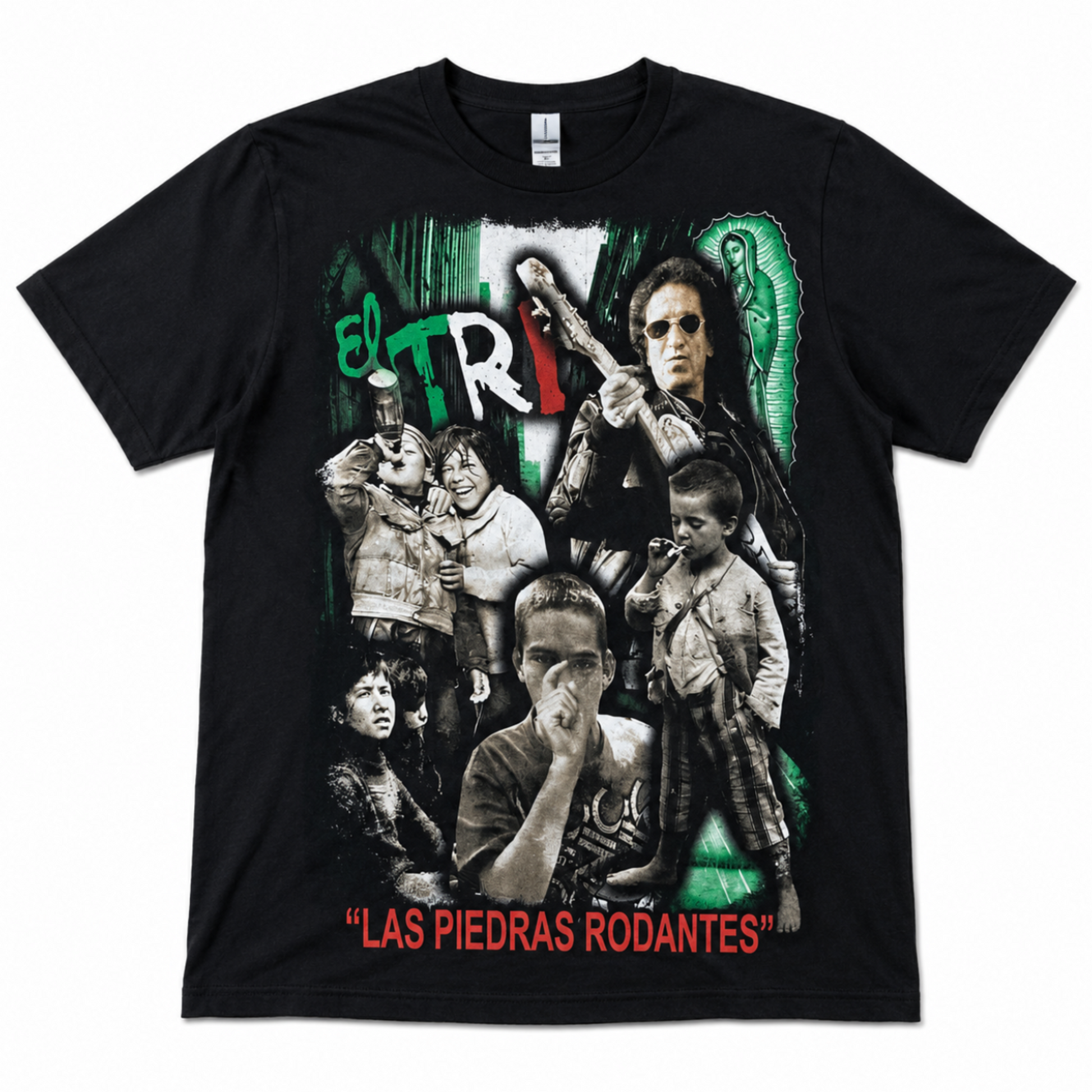 El Tri Las Piedras Rodantes graphic T-shirt with Alex Lora collage and Mexican flag colors on black shirt unisex sizes S–2XL