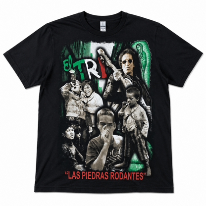 El Tri Las Piedras Rodantes graphic T-shirt with Alex Lora collage and Mexican flag colors on black shirt unisex sizes S–2XL