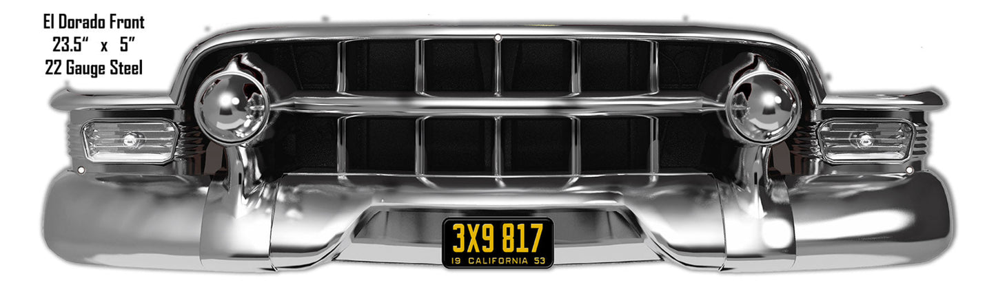 Laser-cut metal wall art depicting the front grille of a classic Cadillac Eldorado with chrome detailing and vintage California plate.