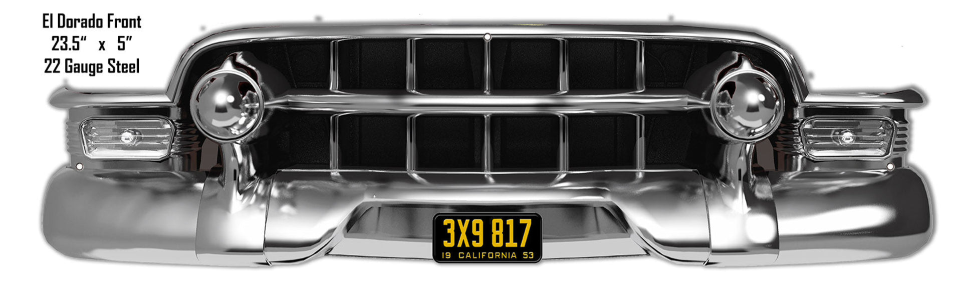 Laser-cut metal wall art depicting the front grille of a classic Cadillac Eldorado with chrome detailing and vintage California plate.