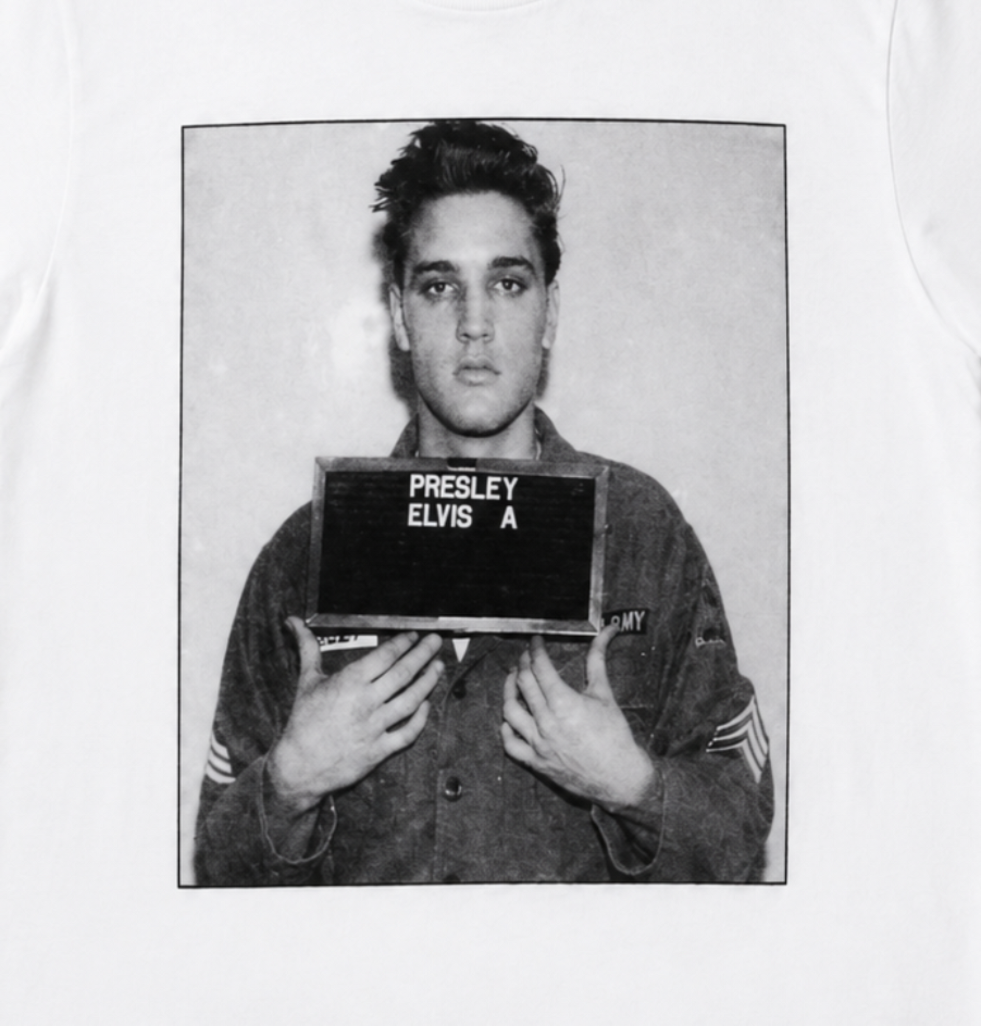 Elvis Presley military portrait graphic T-shirt with 1958 Army image on white shirt unisex sizes S–2XL