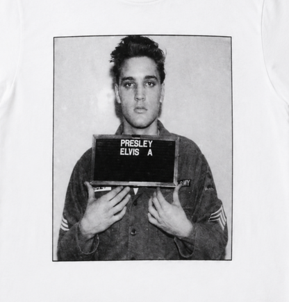 Elvis Presley military portrait graphic T-shirt with 1958 Army image on white shirt unisex sizes S–2XL