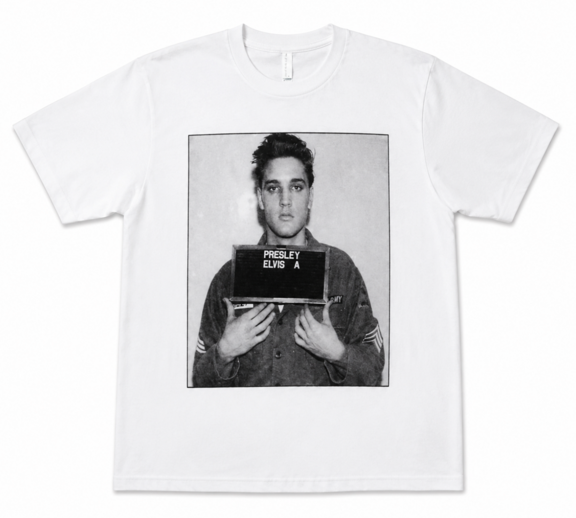 Elvis Presley military portrait graphic T-shirt with 1958 Army image on white shirt unisex sizes S–2XL