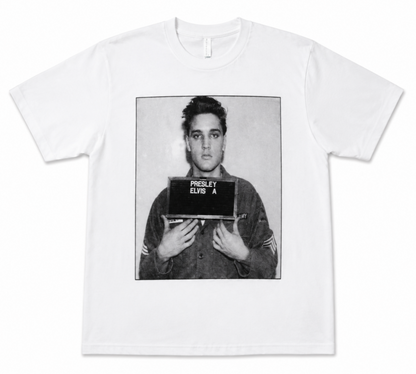 Elvis Presley military portrait graphic T-shirt with 1958 Army image on white shirt unisex sizes S–2XL