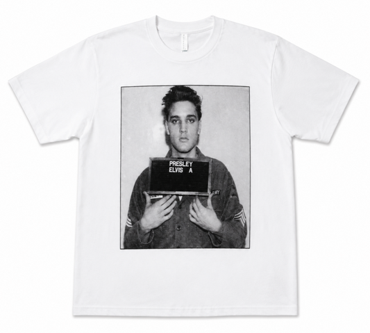 Elvis Presley military portrait graphic T-shirt with 1958 Army image on white shirt unisex sizes S–2XL